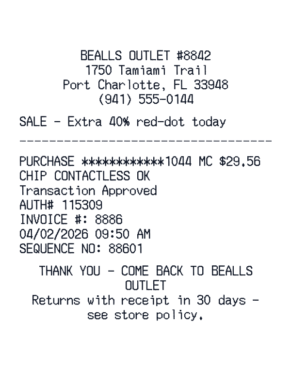 Bealls Outlet receipt template example