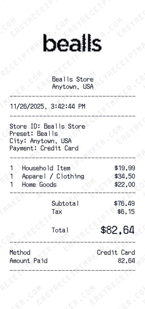 Bealls receipt template