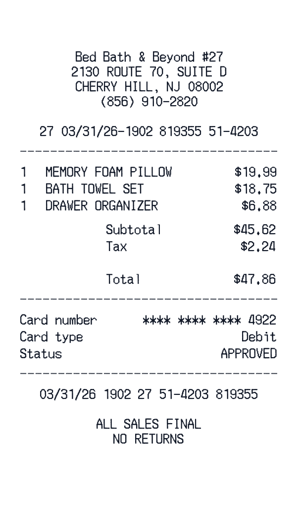 Bed Bath & Beyond receipt template example