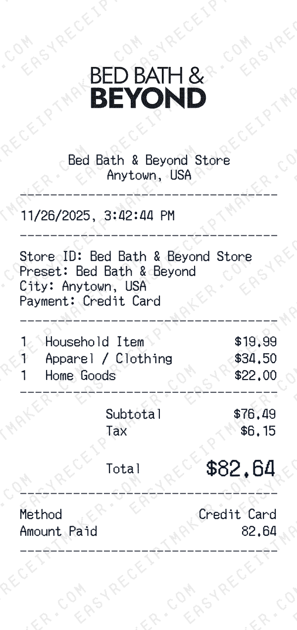 Bed Bath & Beyond receipt preview