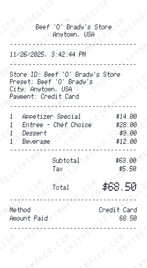 Beef 'O' Brady's receipt template