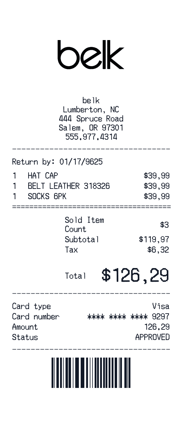 Belk receipt preview