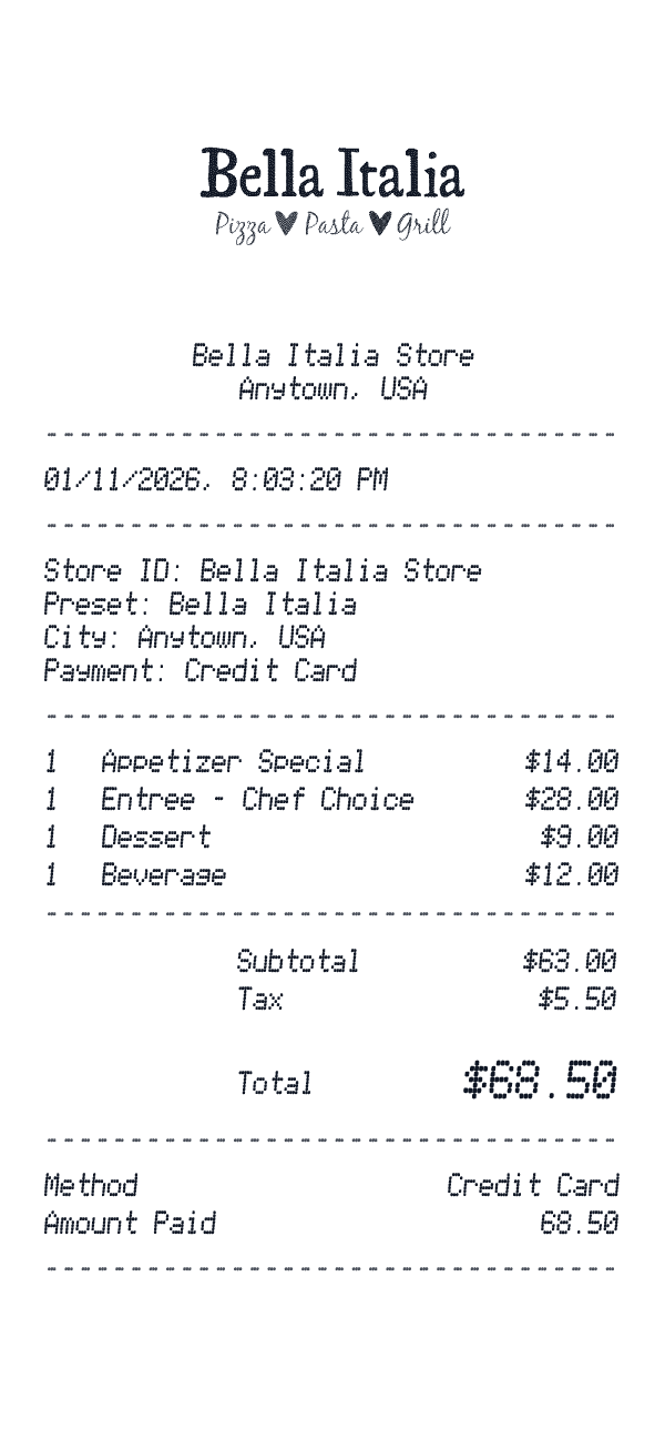 Bella Italia receipt template example