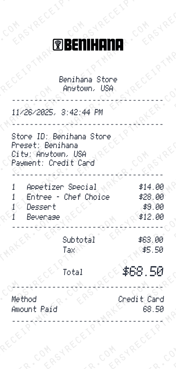 Benihana receipt template
