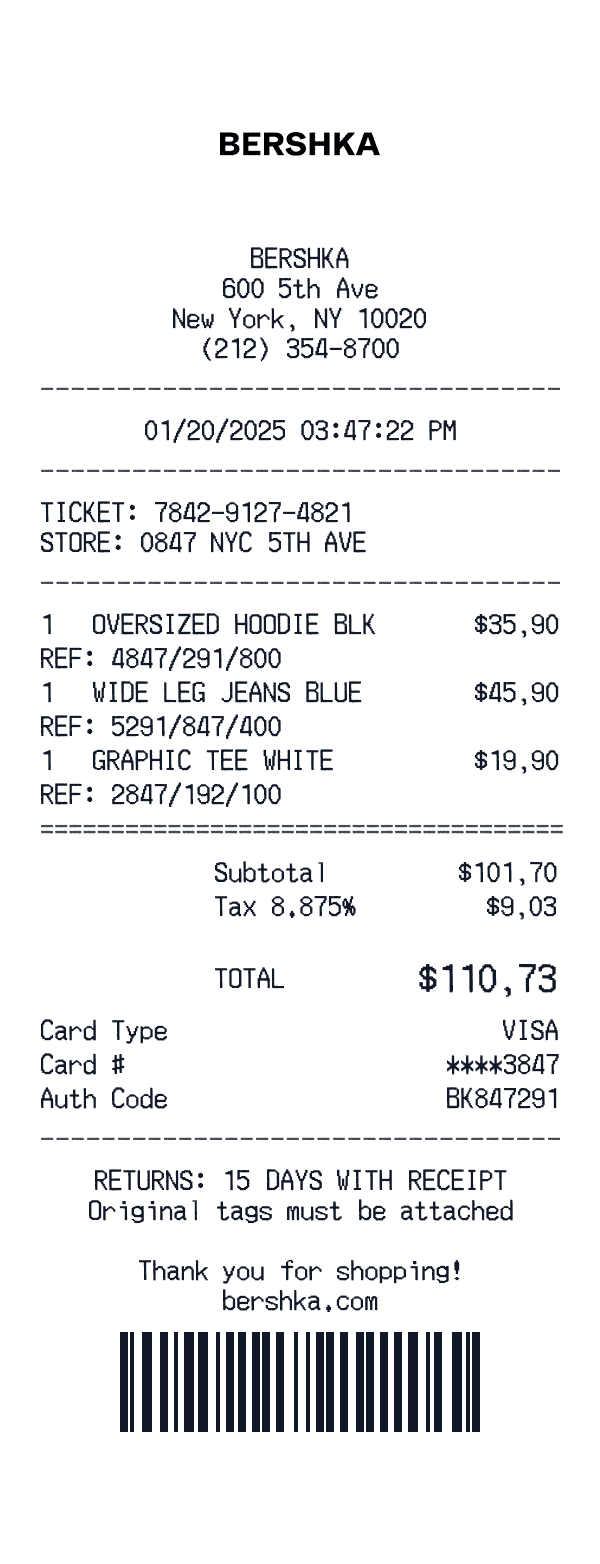 Bershka receipt template example