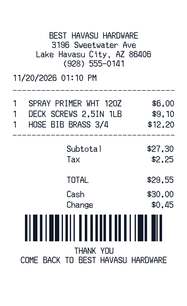 Best Havasu Hardware receipt template example