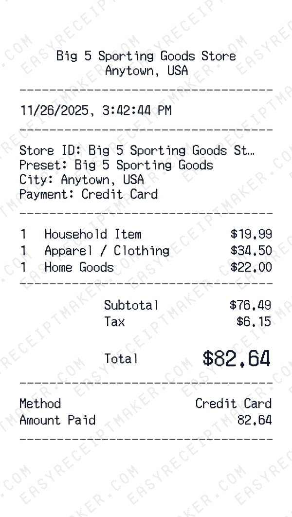 Big 5 Sporting Goods receipt preview