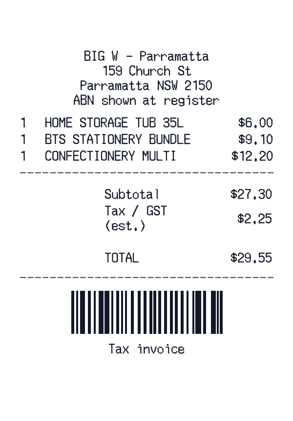 BIG W receipt template example