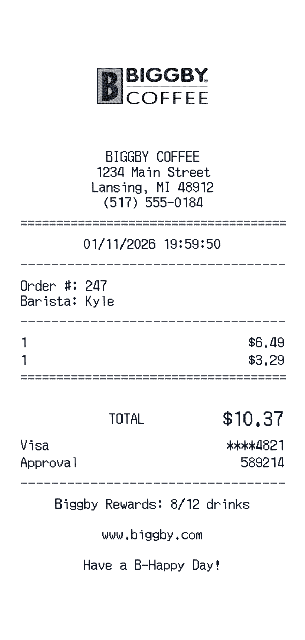 Biggby Coffee receipt template example