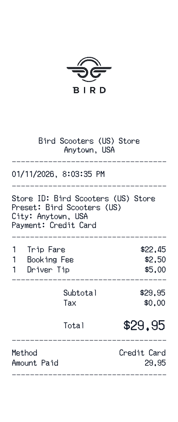 Bird Scooters (US) receipt template