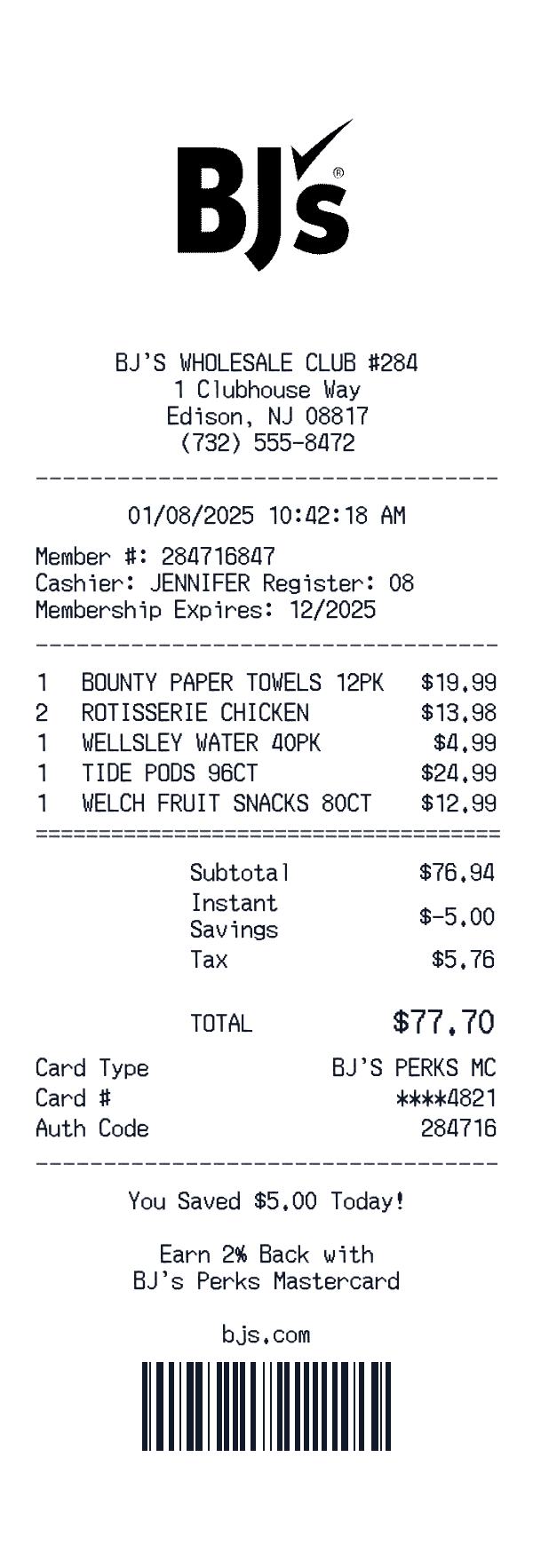 BJ's Wholesale Club receipt template example - grocery receipt with itemized details, prices, and payment information