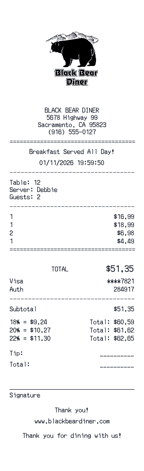 Black Bear Diner receipt preview