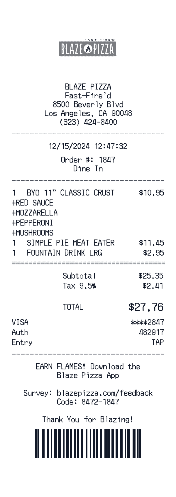 Blaze Pizza receipt template example