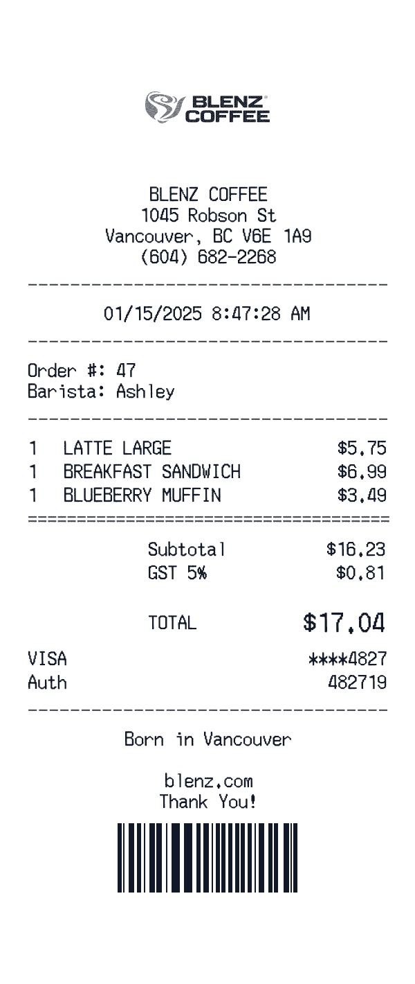 Blenz Coffee receipt template example