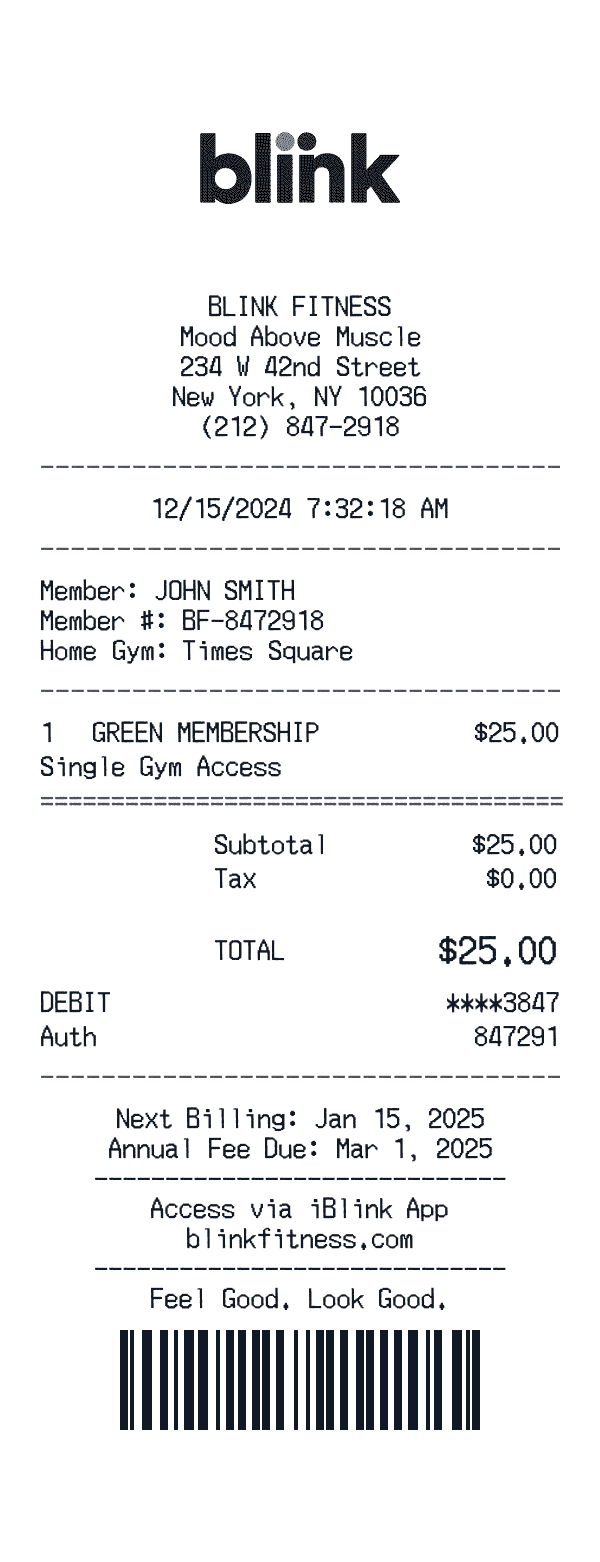 Blink Fitness receipt template example