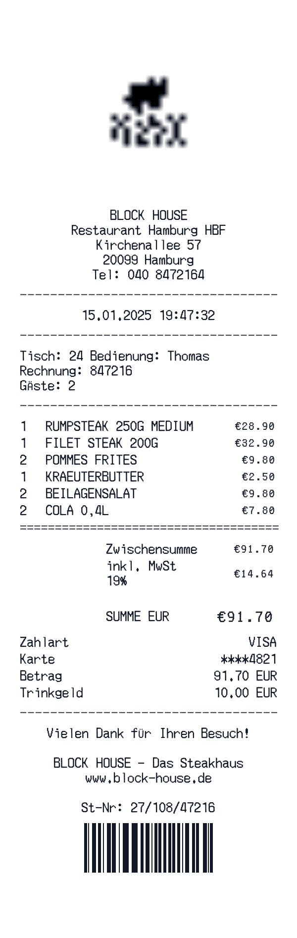 Block House receipt template example - restaurant receipt with itemized details, prices, and payment information