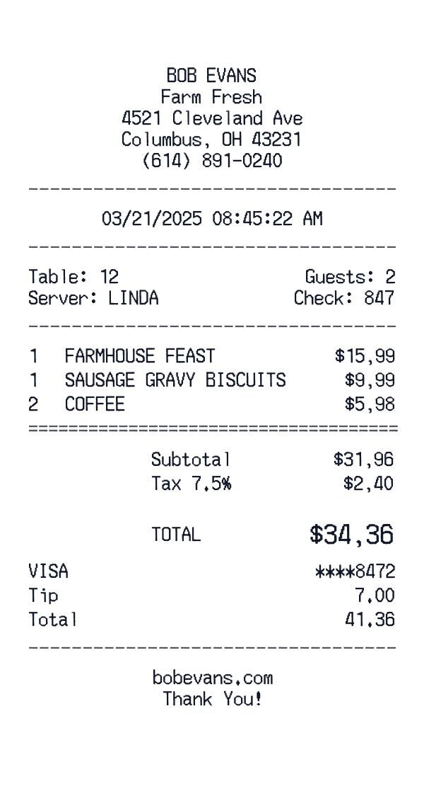 Bob Evans receipt preview