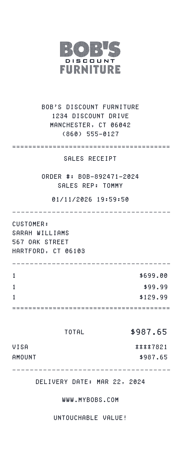 Bob's Discount Furniture receipt template example