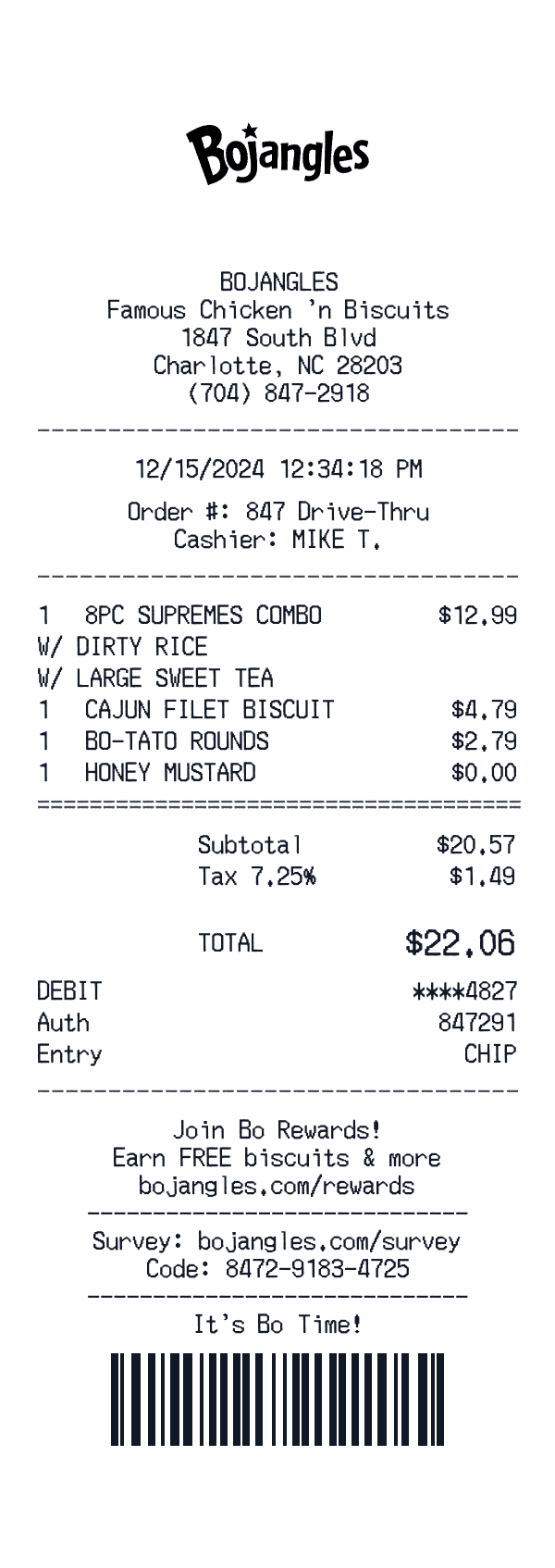 Bojangles receipt template example