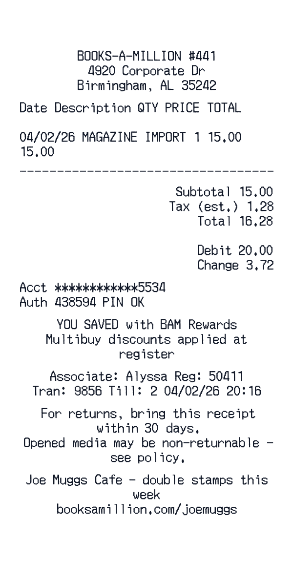 Books-A-Million receipt template example