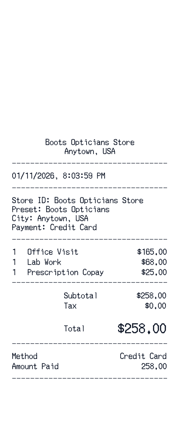 Boots Opticians receipt template example