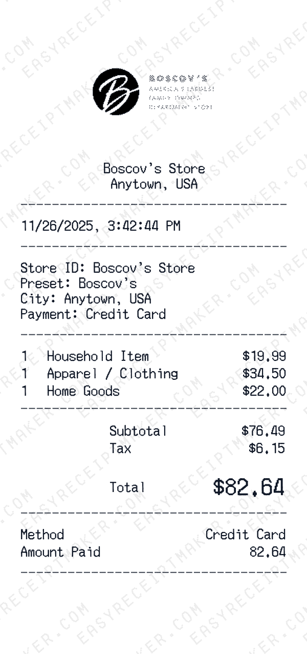 Boscov's receipt preview