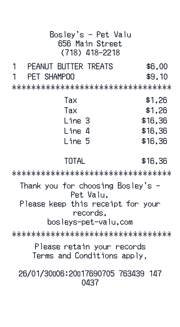 Bosley’s - Pet Valu receipt template generator preview