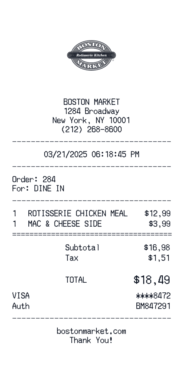 Boston Market receipt template example