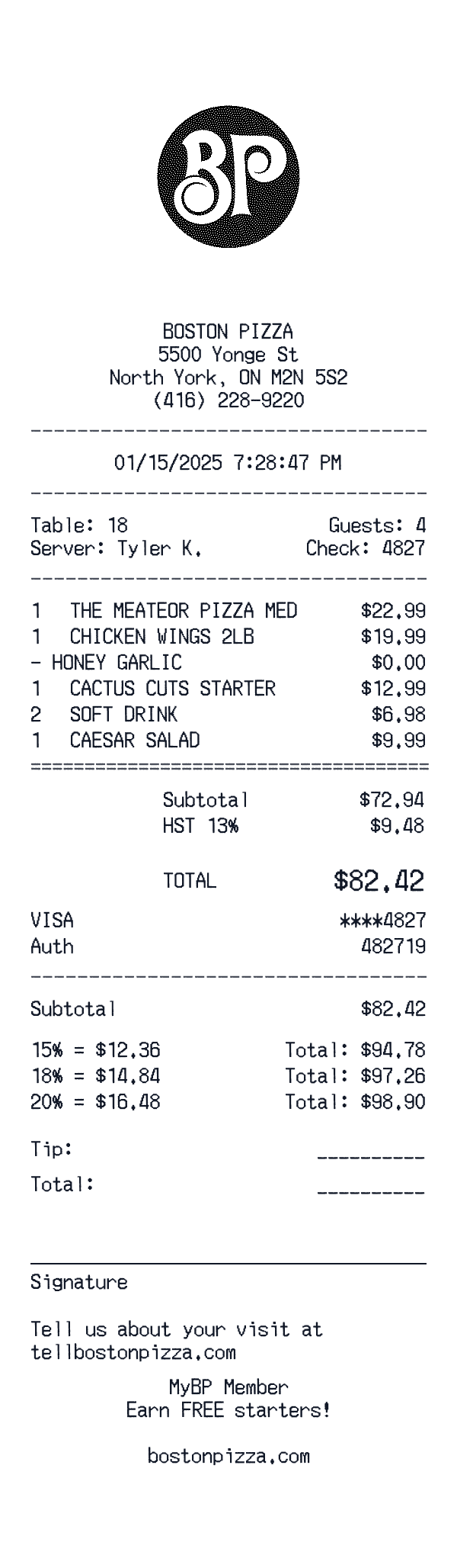 Boston Pizza receipt template example - restaurant receipt with itemized details, prices, and payment information