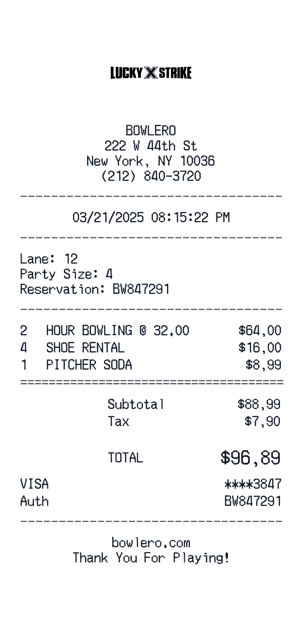 Bowlero receipt template example
