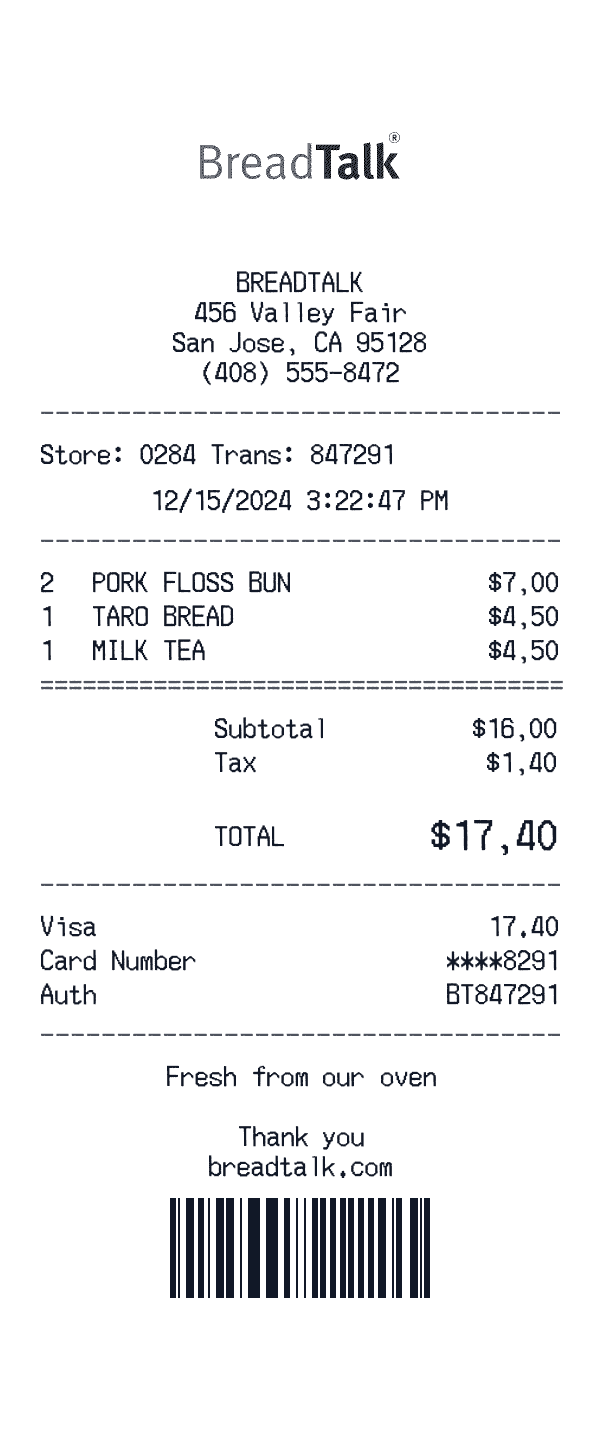 BreadTalk receipt template example
