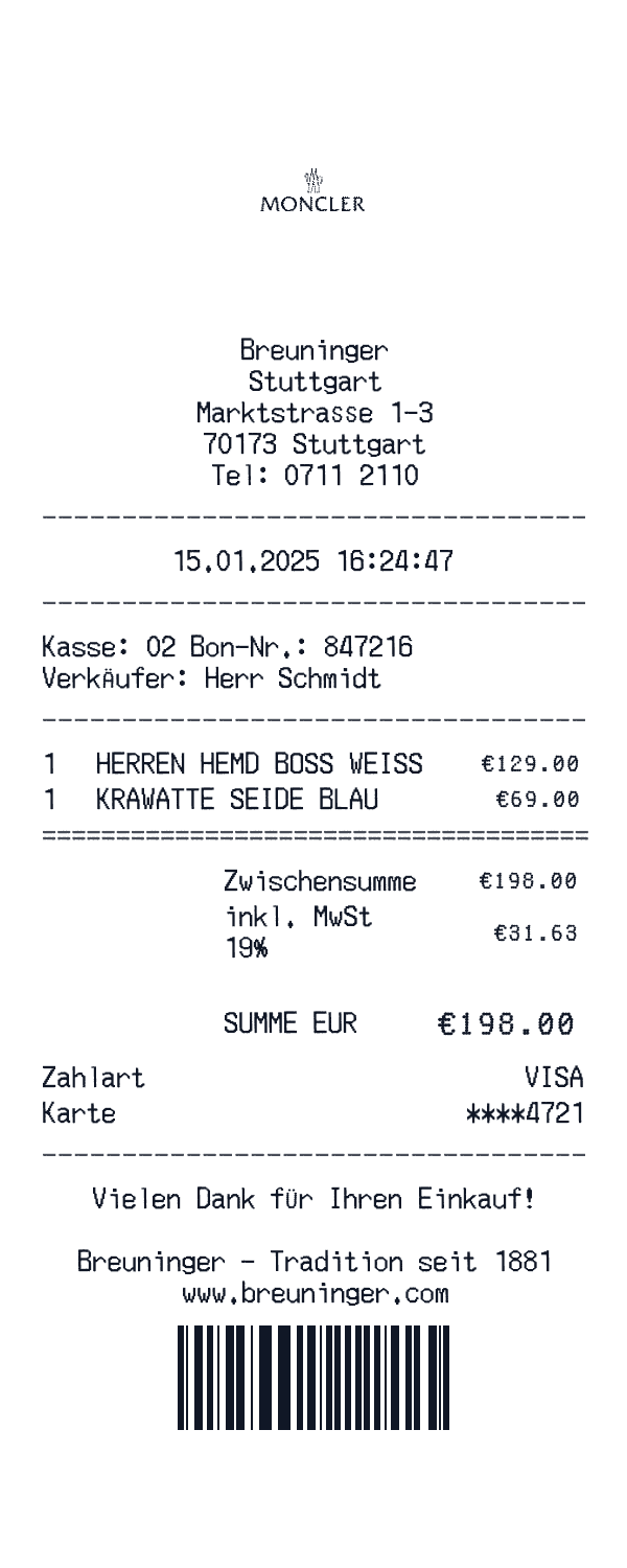 Breuninger receipt template example - retail receipt with itemized details, prices, and payment information