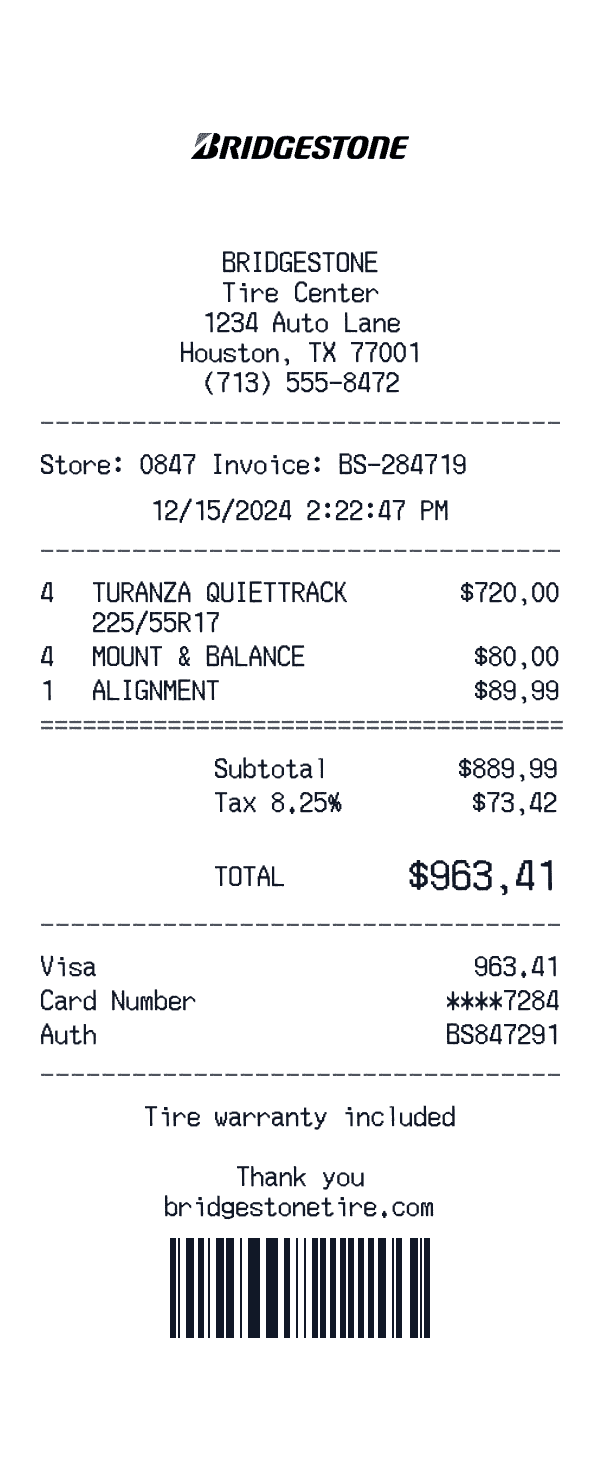 Bridgestone receipt template example