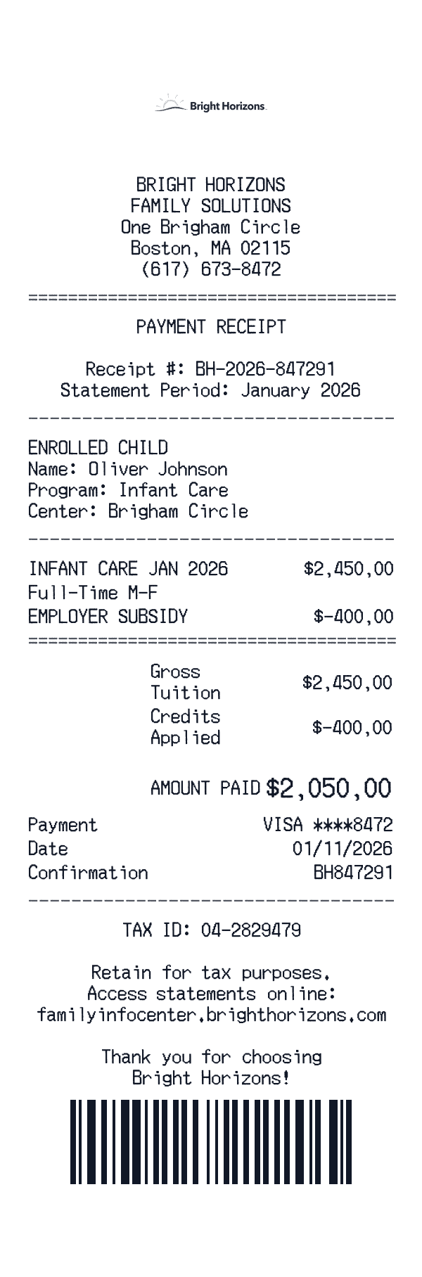 Bright Horizons receipt template example