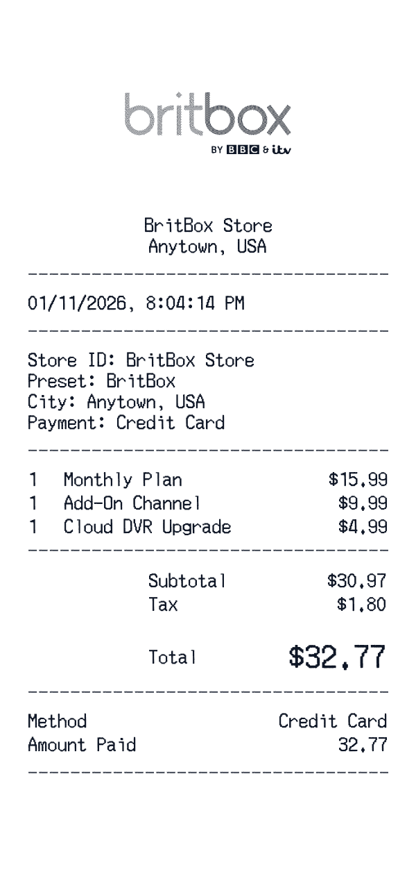 BritBox receipt template example