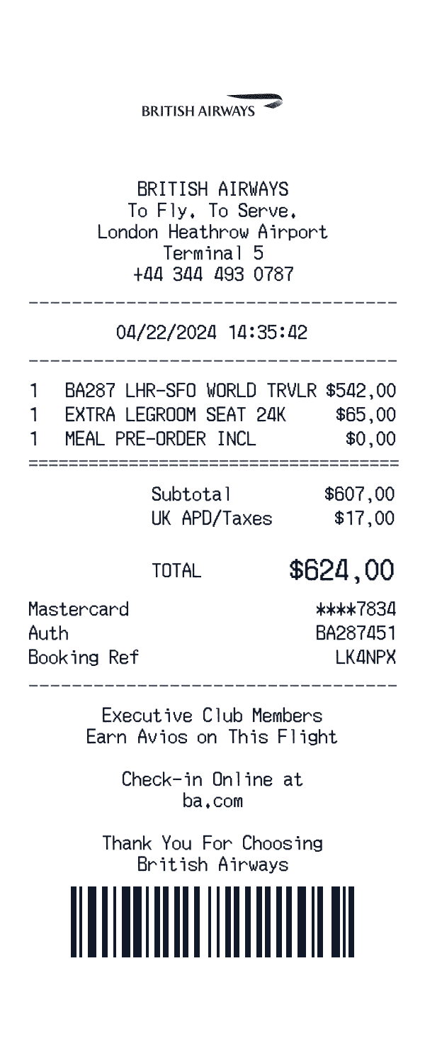 British Airways receipt template example