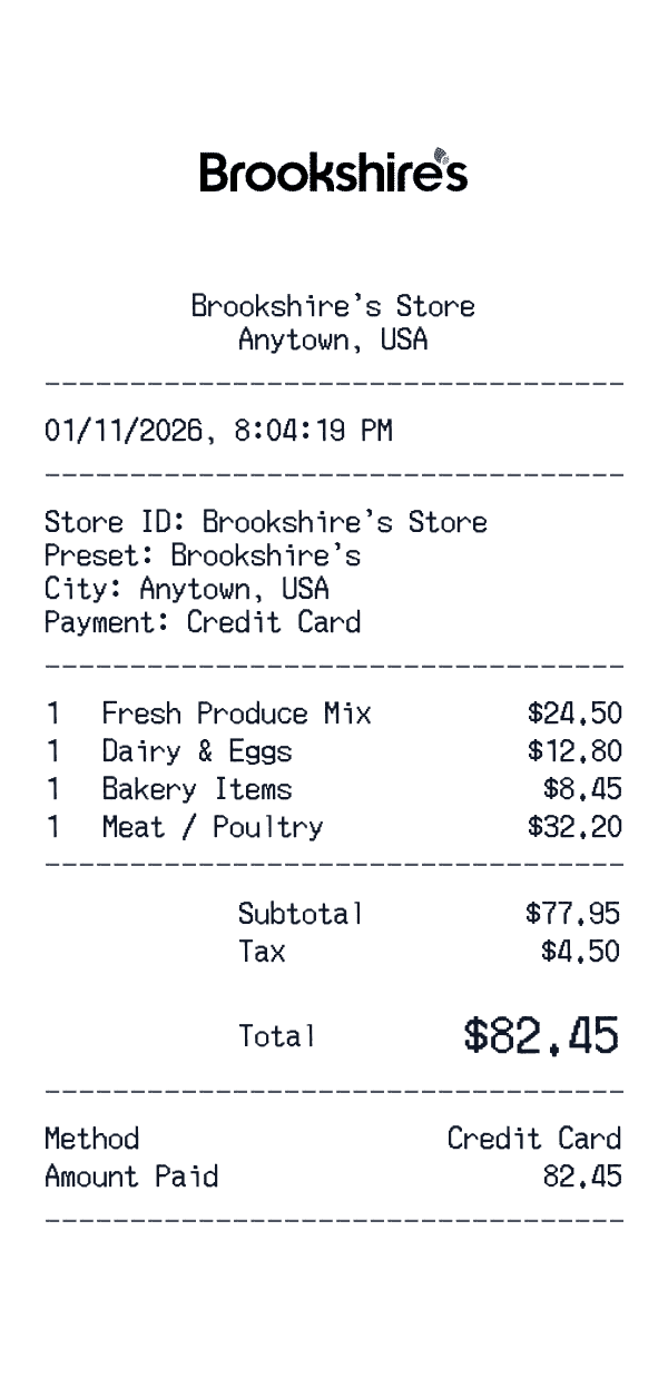 Brookshire's receipt template example - grocery receipt with itemized details, prices, and payment information