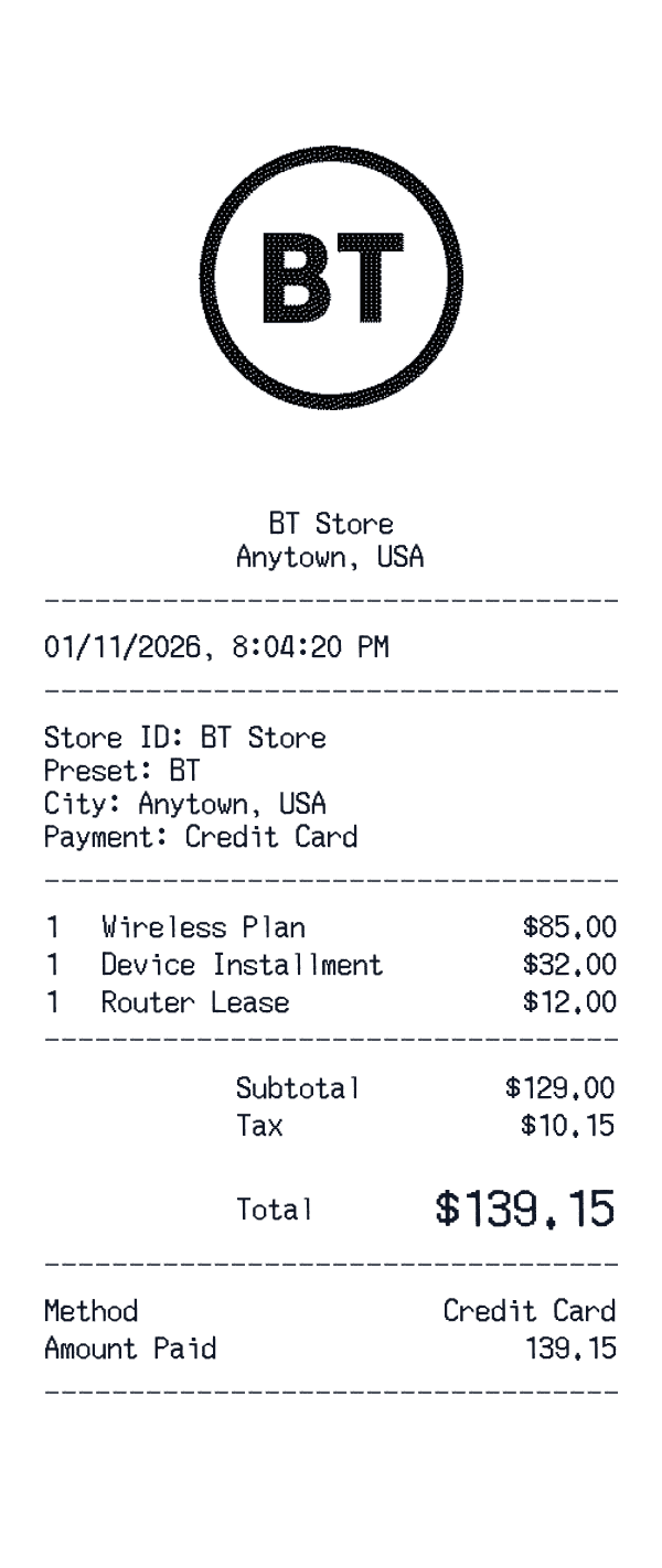 BT receipt template example