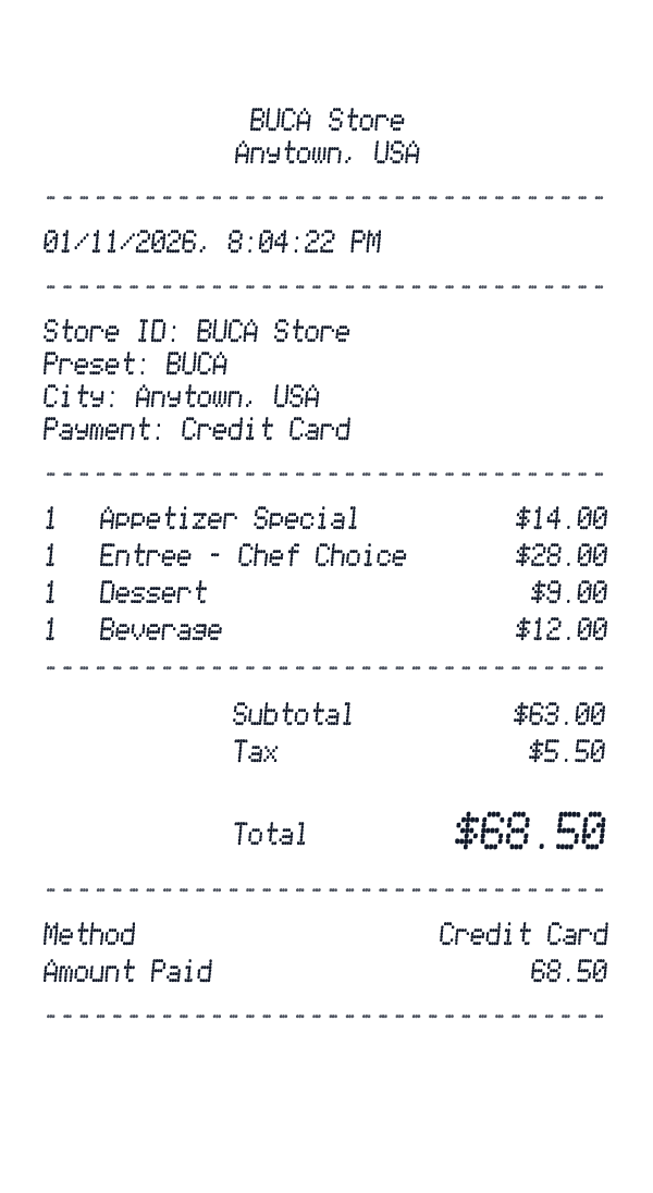 BUCA receipt template example - restaurant receipt with itemized details, prices, and payment information