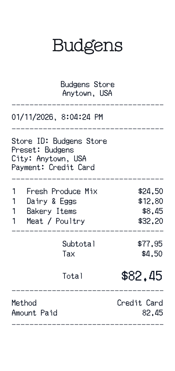 Budgens receipt template example - grocery receipt with itemized details, prices, and payment information