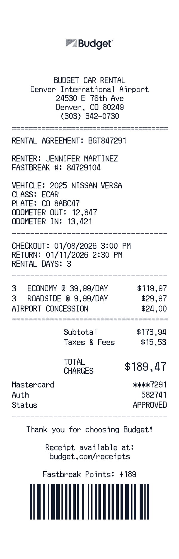Budget receipt template example