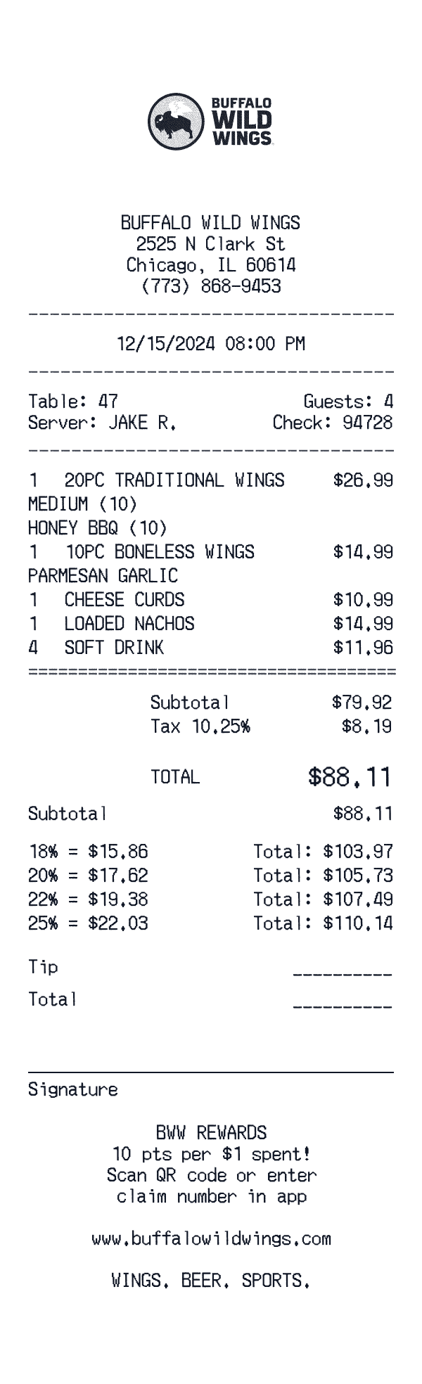 Buffalo Wild Wings receipt preview