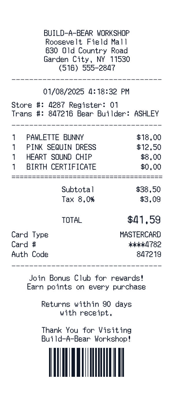 Build-A-Bear Workshop receipt template