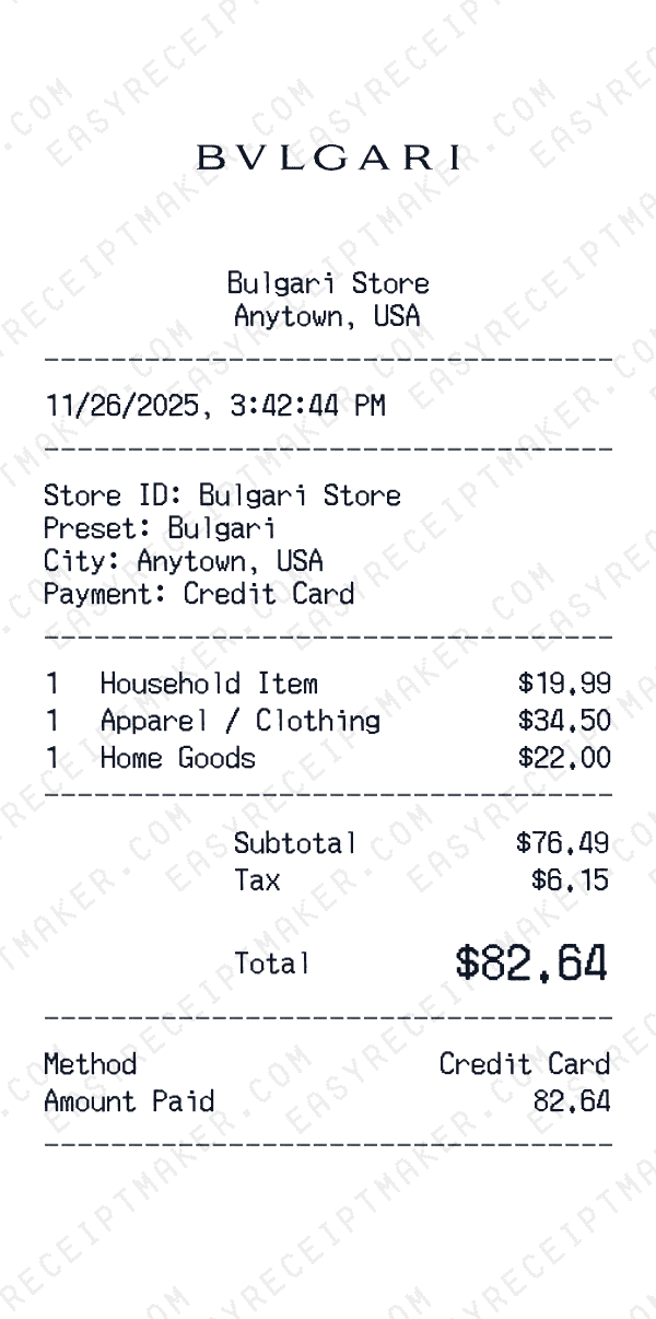 Bulgari receipt preview
