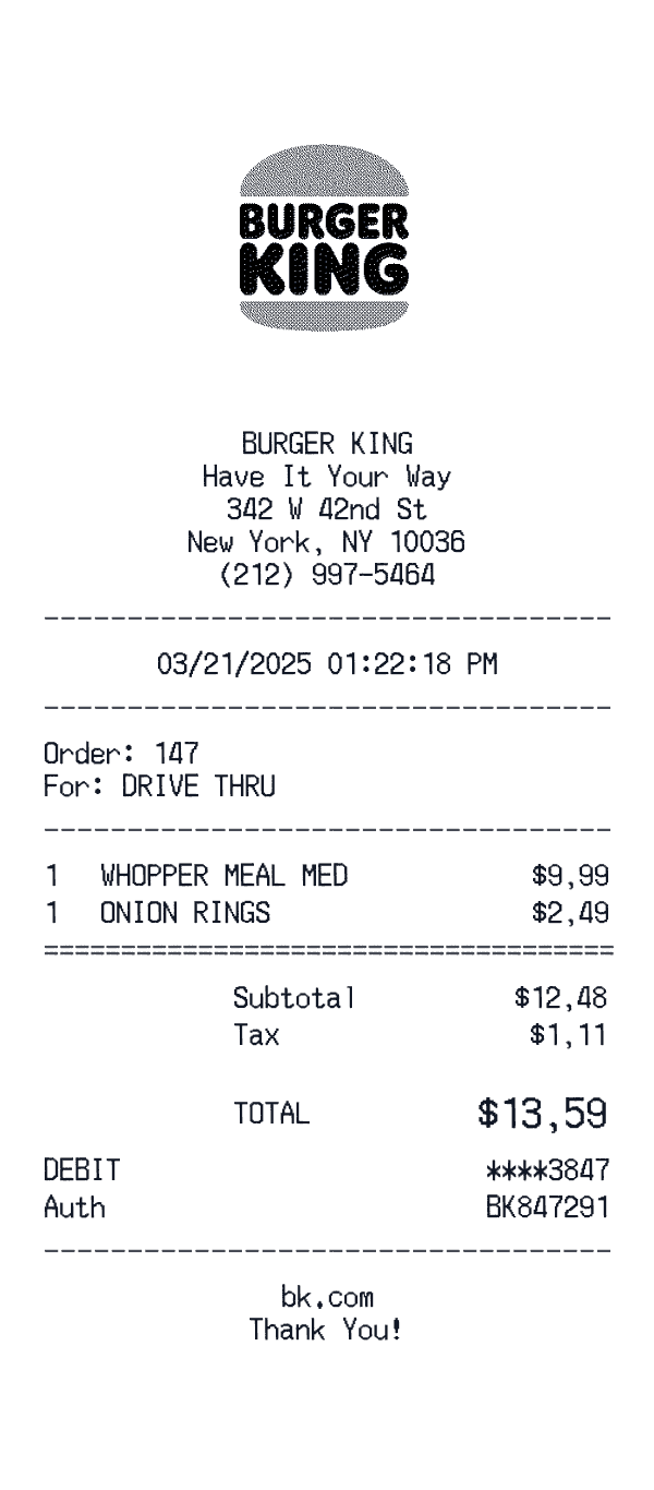 Burger King receipt template example