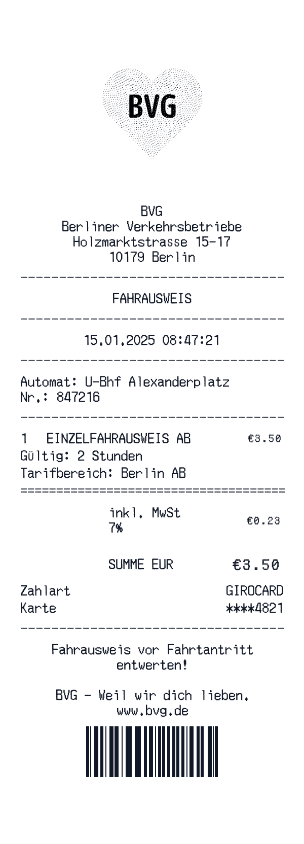 BVG Berlin receipt template example