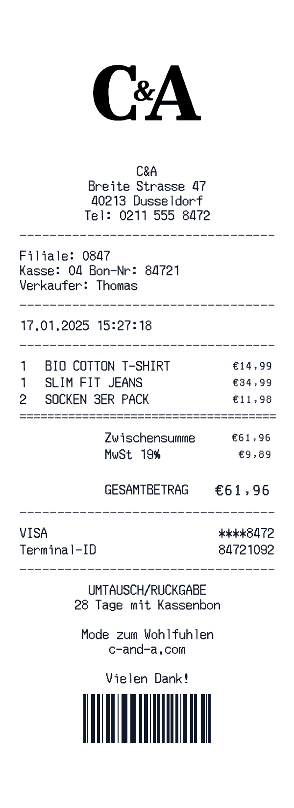 C&A receipt template example - clothing receipt with itemized details, prices, and payment information