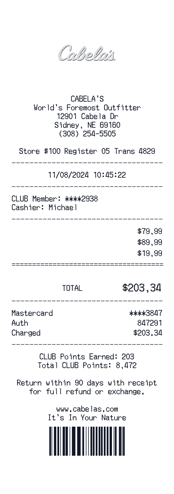 Cabela's receipt template