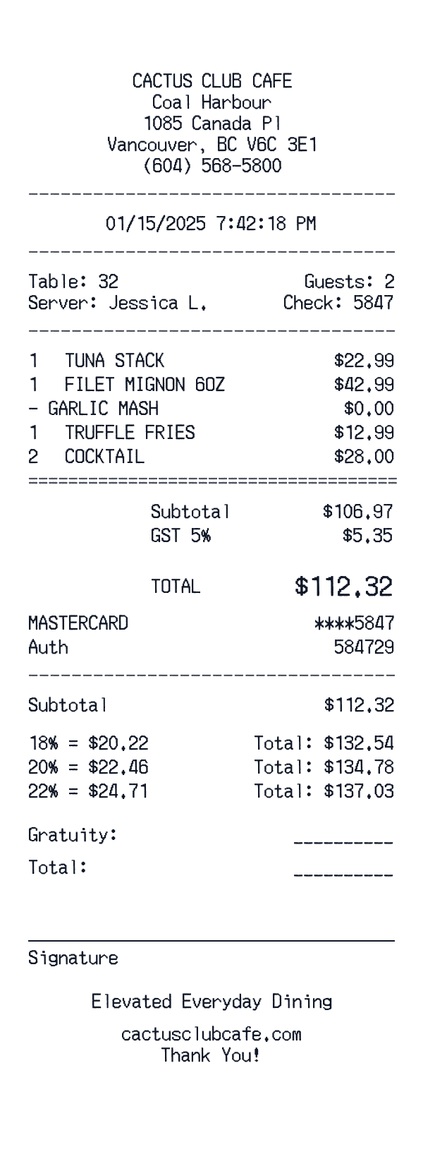 Cactus Club Cafe receipt template example - restaurant receipt with itemized details, prices, and payment information