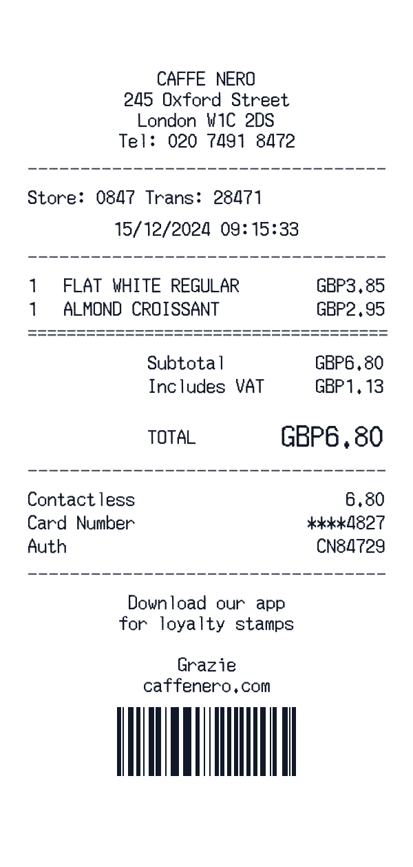 Caffe Nero receipt template example